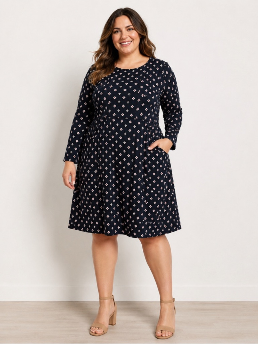 J Jill Black Print Knit Dress Pockets Long Sleeve Knee Length Rayon Stretch L